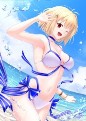1girls ahoge arcueid_brunestud beach big_breasts bikini bikini_bottom bikini_top blonde_hair blue_ribbon blush breasts female huge_breasts large_breasts looking_at_viewer melty_blood navel necklace ocean one_eye_closed outdoors red_eyes short_hair smile splashing swimsuit thick_thighs thighs top_heavy tsukihime water water_splash white_bikini white_trim