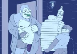 anthro ape bathrobe belly big_belly boxers_(clothing) clothing delivery_(commerce) delivery_employee door duo eyewear food genitals glasses gorilla gutsybeast haplorhine lutrine male male/male male_only mammal mustelid penis pizza_box primate robe same_size_vore size_difference stomach_bulge underwear vore