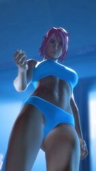 3beater abs blue_eyes femscout femscout_(alt_design) know_your_place leanbeefpatty looking_down low-angle_view mildly_muscular_woman pink_hair sfm source_filmmaker team_fortress_2 tf2