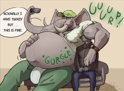 anthro armpit_sniffing belly big_belly bloated bottomwear bulge burping clothing dialogue duo elephant elephantid hand_on_stomach hat headgear headwear hi_res male male/male mammal muscular muscular_male pants proboscidean rumbling_stomach size_difference sniffing stuffing tusks underwear wolfsecret