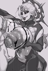 1girls almost_naked big_ass big_breasts breasts erection erection_under_clothes exposed_breasts female female_only hela hela_(marvel_rivals) hela_(queen_in_black) looking_at_viewer marvel marvel_rivals pudutoast red_eyes size_difference solo symbiote thick_thighs white_hair wide_hips