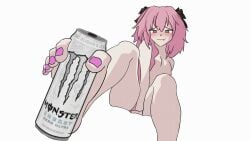 1boy astolfo_(fate) can censored censored_penis fate_(series) feet femboy footjob male pink_hair simple_background solo trap white_background