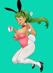 1girls blush breasts breasts_out bunny_ears bunnysuit female female_only green_background green_eyes jumping mallow_(pokemon) nintendo nipples pokemon pokemon_sm revealing_clothes skimpy_clothes solo thick_thighs thighs tof twintails wardrobe_malfunction