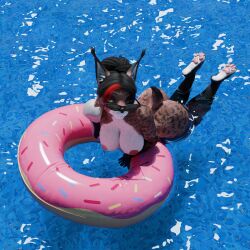 3d_(artwork) ambiguous_gender anthro ass black_hair breasts brown_body brown_fur digital_media_(artwork) eyewear felid feline female fur glasses hair heterochromia hi_res highlights_(coloring) humanoid kiara_the_lynx looking_at_viewer lynx mammal nipples nude partially_submerged pawpads paws pool pool_toy prosthetic prosthetic_arm prosthetic_limb quelrize solo sunglasses water wearing_glasses