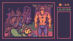 !! 1boy 1girls ahegames animal_ears anthro antlers brown_hair bulge bulge_through_clothing chest_tuft clothed deer headphones horns lewd_leaf_land looking_at_another molly_(lewd_leaf_land) motion_lines muscular_male nature official_art open_mouth outdoors pixel_art reindeer screencap turtleneck