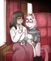 1boy 1dickgirl anthro bulge bulge_through_clothing bulge_under_clothes canon_x_oc clothed clothing darkchibishadow dickgirl dickgirl/male fear_and_hunger fear_and_hunger:_termina furry furry_male futanari handjob male marina_(fear_and_hunger) original_character poweradepriest stroking_cock stroking_penis trans_woman transfem