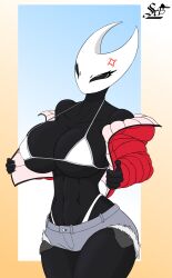 1girls 2025 2d abs artist_name artist_signature big_breasts bikini black_body black_eyes black_skin breasts bug bug_girl color colored commission covered_nipples curvy curvy_figure digital_media_(artwork) face_mask female female_focus female_only gradient_background hi_res highres hollow_knight hornet_(hollow_knight) horns jacket large_breasts mask masked_female opening_jacket puffer_jacket short_shorts shorts skimpy_clothes solo solo_female standing team_cherry thick_thighs thighs toned toned_female two-tone_background white_bikini wide_hips xdscoutacrisdx