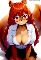 ai_generated brown_fur cleavage cute_face eternal_oak furry glasses mabel_maplebottom red_eyes red_hair squirrel twin_braids white_shirt