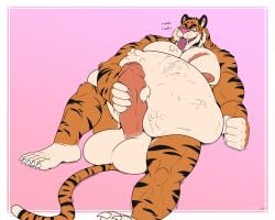 after_vore anthro balls belly big_balls big_belly big_penis erection eye_scar facial_scar felid genitals hi_res huttsergreywolf male mammal masturbation muscular muscular_male pantherine penis same_size_vore scar stomach_bulge tiger tongue tongue_out vore