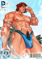 1boy antibooart aqualad bara barcode bulge dc dc_comics english_text male male_focus male_only muscular muscular_arms muscular_chest muscular_male nipples pecs pectorals pubic_hair solo solo_male text topless