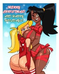 2girls ass big_ass big_breasts black_hair blonde_hair blue_eyes breasts christmas christmas_outfit christmas_ribbon cyan_eyes dark-skinned_female dark_skin face_on_breast furiousart imani_(zrfurious) light-skinned_female light_skin lucy_(zrfurious) ponytail red_ribbon ribboned_body ribbons thick_thighs thighs yellow_eyes zrfurious