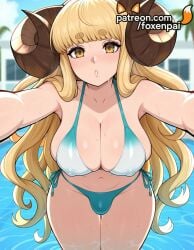 1futa 2025 ahoge ai_generated anila_(granblue_fantasy) artist_name big_breasts big_chest bikini blonde_hair blunt_bangs blush breasts bust busty chest cleavage collarbone covered_nipples draph foreshortening foxenpai futanari granblue_fantasy hi_res high_quality high_resolution highres horns large_breasts long_hair ocean outdoors outstretched_arm outstretched_arms outstretched_hand patreon patreon_username pool reaching reaching_out selfie sheep_horns short_eyebrows side-tie_bikini side-tie_panties solo stable_diffusion swimsuit thick_eyebrows very_long_hair wading water watermark wet yellow_eyes