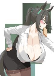 absurdres ahoge alternate_breast_size_(larger) alternate_hairstyle animal_ears artist_name black_bra black_hair black_skirt blush bra bra_visible_through_clothes bread bread_slice breasts brown_pantyhose cleavage collarbone collared_shirt ear_ornament ear_tag earrings female food food_in_mouth hand_on_own_hip hanging_breasts highres horse_ears horse_girl horse_tail huge_breasts jewelry leaning_forward long_bangs long_hair long_sleeves manhattan_cafe_(umamusume) mouth_hold multicolored_hair office_lady pantyhose pencil_skirt ponytail shirt shirt_tucked_in single_earring skirt solo sweat tail thighband_pantyhose toast toast_in_mouth twitter_username txlyre umamusume underwear very_long_hair white_hair white_shirt yellow_eyes