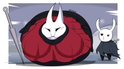 1boy 1boy1girl 1girls 2021 2d anthro arthropod artist_name bug bug_girl cape clothed color colored detailed_background digital_media_(artwork) expansion exposed_ass hi_res highres hollow_knight hornet_(hollow_knight) immobile inflation inflation_fetish nosebleed sitting_on_ground standing team_cherry the_knight_(hollow_knight) twitter_username weapon