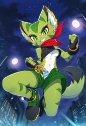 ai_generated carol_tea exhibitionism falling female female_only freedom_planet jumping loose_clothes nipple_slip outdoors panties panties_visible smirking solo solo_focus underboob underwear