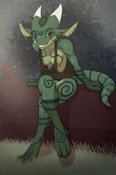 absurd_res anthro bottomless breasts brown_eyes celtic celtic_tattoos clothed clothing ear_piercing female finiuna green_body green_scales hanging_breasts hi_res kobold leaning leaning_forward looking_at_viewer minnosimmins nipple_piercing nipple_slip nipples piercing scales skimpy smile smiling_at_viewer tattoo