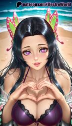 1girls 2025 ai_generated artist_name beach big_breasts big_chest black_hair bra breasts bug bust busty butterfly butterfly_hair_ornament chest cleavage collarbone day demon_slayer electroworld female gradient_hair hair_ornament haori heart_hands hi_res high_quality high_resolution highres horizon jacket japanese_clothes kimetsu_no_yaiba kochou_kanae large_breasts long_hair looking_at_viewer mole multicolored_hair ocean off_shoulder open_clothes outdoors patreon patreon_username sand smile solo stable_diffusion underwear water watermark waves