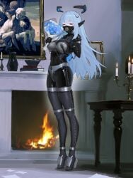 absurdres blue_hair bodysuit breasts chains chastity_belt chastity_bra cloth_gag elegia elfreda_cyania(elfreda_cyania) female flower gag gagged grey_eyes high_heels highres improvised_gag indoors large_breasts latex latex_bodysuit long_hair looking_at_viewer mecha_musume original over_the_nose_gag plug_gag skindentation solo standing very_long_hair