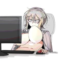 1girl arczaeon bags_under_eyes bored breasts computer computer_chair faust_(limbus_company) female gaming holding_mouse_(computer) huge_breasts limbus_company mouse_(computer) official_alternate_hairstyle pc project_moon self_breast_sucking shirt_lift sitting sitting_on_chair solo upper_body yandere
