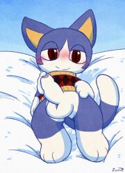 animal_crossing anthro balls bed bedroom_eyes big_penis blue_body blue_fur blush bodily_fluids bottomless brown_eyes clothed clothing cum cum_on_penis domestic_cat felid feline felis femboy foreskin fur furniture genital_fluids genitals half-closed_eyes happy hi_res looking_at_viewer lying lying_on_bed male mammal narrowed_eyes nintendo on_bed penis presenting presenting_penis rover_(animal_crossing) seductive shirt smile smiling_at_viewer solo tail topwear white_body white_fur yellow_inner_ear zaaru