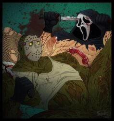 2boys bara bara_tiddies bara_tits barazoku big_penis blood friday_the_13th ghostface jason_voorhees large_penis lespicywaffle mask masked masked_male penis penis_out pinup precum precum_bubble precum_drip precum_on_penis precum_string scream_(franchise) slasher veiny_penis zombie