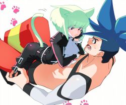 2boys androgynous cat_ears cat_tail catboy clothing embarrassed femboy fully_clothed galo_thymos lio_fotia on_top promare questionable size_difference twink yaoi