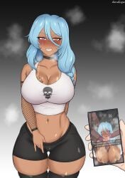 1boy 1girls 3boys black_thighhighs blue_eyes blue_hair blus breasts bull_pov cheating cheating_female cheating_girlfriend choker cleavage crop_top cuckold_pov dark-skinned_male dark_skin daruko536 dialogue english_text female_focus fishnet_armwear heart-shaped_pupils heavy_blush huge_breasts juxtaposition large_breasts long_hair looking_at_viewer male_pov midriff milf multiple_boys multiple_penises netorare original original_character penis penis_awe phone phone_screen photo_comparison photographic_proof pov ruined_reputation shorts smiling smiling_at_viewer speech_bubble steam tan_body tan_skin tank_top tanline teasing_cuck_with_phone teasing_cuck_with_snap teeth_clenched thick_thighs thighhighs voluptuous