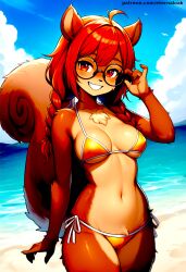 ai_generated beach bikini bikini_top brown_fur cute cute_face eternal_oak furry furry_female glasses mabel_maplebottom red_eyes red_hair squirrel thick_glasses twin_braids