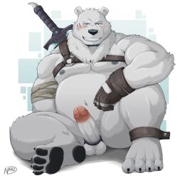 2022 accessory anthro balls belly big_belly black_nose blush cock_ring erection feet fur genitals humanoid_genitalia humanoid_hands humanoid_penis jewelry kemono male mammal moobs naruever navel nipples overweight overweight_male penis penis_accessory penis_jewelry polar_bear scar sitting solo ursid ursine weapon white_body white_fur