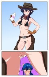 >:) 1boy 1girls absurdres bikini bikini_top_only black_hair blue_hair blush bottle bottomless breasts casual chaps commission commissioner_upload cow_horns cowboy cowboy_western eyebrows_visible_through_hair fefex female female_pubic_hair fire_emblem fire_emblem:_genealogy_of_the_holy_war hat headwear highres horns human larcei_(fire_emblem) legwear male milk_bottle navel nintendo no_panties panels pubic_hair pussy pussy_juice rs40uchiha seliph_(fire_emblem) seliph_baldos_chalphy simple_background smile smug straight sweat swimsuit v-shaped_eyebrows wide-eyed