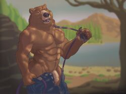 anthro brown_bear clothing grizzly_bear hi_res kahlua_caribou lake looking_at_viewer male mammal muscular muscular_anthro muscular_male plant smile solo suspender_pant suspender_straps tree undressing ursid ursine