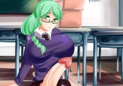 1futa big_breasts big_penis breasts classroom clothed clothing erection fully_clothed futa_only futanari game_cg glasses green_eyes green_hair huge_breasts human large_breasts large_penis light-skinned_futanari light_skin looking_at_viewer misaki_(plum_tea) penis plum_tea saintxtail school school_uniform schoolgirl sitting skirt solo