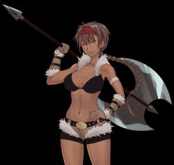 1girls amber_eyes axe bangs belt big_breasts bikini braid braided_hair brown_hair clothed clothing dark-skinned_female dark_skin female female_only futanari_quest human isadora_(futanari_quest) mostly_nude naked red_headband shorts sprite sprite_art squatting standing uliel weapon weapon_over_shoulder