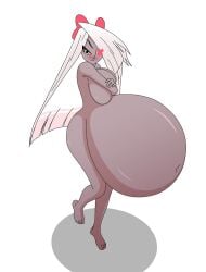 awesometacular big_belly big_breasts blush damnitshuge embarrassed grey_skin hands_on_breasts hazbin_hotel huge_belly huge_breasts nude_female pregnant thick_thighs vaggie_(hazbin_hotel) vore walking white_hair