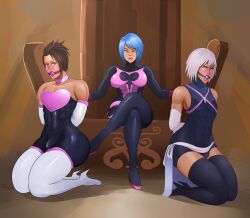 aqua_(kingdom_hearts) ball_gag big_breasts black_boots bondage boots bulge cosplay elbow_gloves female_dominating_male femboy femdom feminization gloves high_heel_boots kingdom_hearts kneeling pastelcherry riku rouge_the_bat_(cosplay) rubber terra_(kingdom_hearts) thick thick_ass thick_thighs thigh_boots throne white_boots