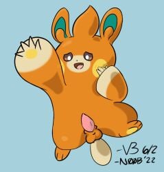 ambiguous_gender animal_genitalia balls bent_arm feral genitals male n00bn00b nintendo open_mouth orange_body pawmi pawpads penis pokémon_(species) pokemon reaching shaded sheath signature simple_background solo touching_face verdant_borealis video_games