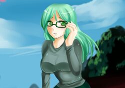 1girls adjusting_glasses big_breasts breasts clothed female fully_clothed game_cg glasses green_eyes green_hair huge_breasts large_breasts misaki_(plum_tea) plum_tea saintxtail