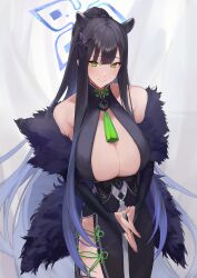 animal_ears armpits artist_request bare_shoulders big_breasts bigger_female black_hair blue_archive blush blushing_at_viewer boob_window breasts cleavage fur_coat green_eyes hourglass_figure huge_breasts large_breasts long_hair looking_at_viewer milf necklace necklace_between_breasts plum_blossom_garden_(blue_archive) ponytail qipao revealing_clothes school_uniform seductive seductive_eyes seductive_gaze seductive_look seductive_smile shanhaijing_secondary_school_student shun_(blue_archive) smile smiling smiling_at_viewer suna6080 taller_girl tied_hair voluptuous