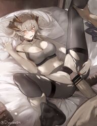 1boy arknights bar_censor bare_shoulders bed_sheet black_choker black_panties black_pantyhose blush breasts censored choker cleavage clothed_female_nude_male collarbone completely_nude dokuro_deluxe dragon_girl dragon_horns dragon_tail erection female grey_hair grinding highres horns large_breasts leg_grab legs_up long_hair looking_at_another lying nail_polish navel no_shoes nude on_back on_bed open_mouth orange_eyes panties pantyhose penis pillow pillow_grab red_nails saria_(arknights) soles solo_focus sports_bra spread_legs steaming_body stomach straight strap_slip tail thighband_pantyhose torn_pantyhose twitter_username underwear