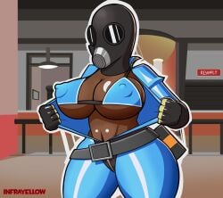 1girls big_breasts bikini_top blue_clothing bodysuit bra breasts dark-skinned_female dark_skin exposed_breasts female female_only fempyro gas_mask infrayellow latex latex_suit nipples_visible_through_clothing pyro pyro_(team_fortress_2) rule_63 solo solo_female team_fortress_2 valve watermark