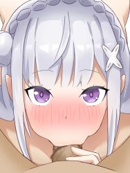 :>= blowjob blowjob_face blowjob_gesture blush blushing_at_viewer braid completely_nude completely_nude_female crown_braid elf elf_ears elf_female elf_girl emilia_(re:zero) eyebrows eyebrows_raised eyebrows_visible_through_hair face_focus fellatio fellatio_face fellatio_gesture female grabbing_penis hair_flower hair_ornament half-elf half_elf hand_on_penis horse_lips long_hair looking_at_viewer looking_up looking_up_at_viewer male_pov nude nude_female open_eyes oral oral_penetration oral_sex penis_in_mouth pointy_ears purple_eyes re:zero_kara_hajimeru_isekai_seikatsu saliva_on_penis silver_hair sucking sucking_penis white_flower white_hair wide_hips x_hair_ornament