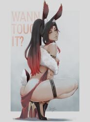 alluring ass bedroom_eyes black_hair blue_eyes bunny_ears bunny_girl dress gold_jewelry half-scoop_gloves high_heels jewelry kirih kirih_(sword_scream) kirih_shiraishi kumanzart magazine_cover offering_to_viewer red_dress red_hair suggestive_look tail text thigh_strap two-tone_hair