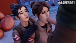 1boy 1male 2girls 3d 3d_(artwork) animated asian aura_analyzer_(fortnite) black_eyes black_hair blowjob brown_hair collaborative_fellatio curse_buster_(fortnite) deep_blowjob fortnite ghostbusters halloween hands-free kneeling lapebr91 large_penis moaning oral pale-skinned_female red_lipstick sound tied_hair video