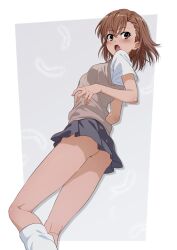 1girls ass bangs bare_ass bare_thighs blush breasts brown_eyes brown_hair eyebrows eyebrows_visible_through_hair eyelashes from_below gluteal_fold hi_res isshi_pyuma looking_at_viewer looking_back loose_socks miniskirt misaka_mikoto no_panties no_shorts open_mouth school_uniform schoolgirl short_hair skirt small_breasts socks solo solo_female surprised sweater_vest teenage_girl teenager thighs to_aru_kagaku_no_railgun to_aru_majutsu_no_index tokiwadai_school_uniform uncensored upskirt white_legwear white_socks young