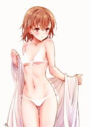 10s 1girls 2018 ass_visible_through_thighs bikini blush breasts brown_eyes brown_hair censored closed_mouth collarbone completely_nude completely_nude_female eyebrows eyebrows_visible_through_hair eyelashes hair_between_eyes hi_res isshi_pyuma looking_at_viewer misaka_mikoto navel nude nude_female short_hair small_breasts solo solo_female standing swimsuit teenage_girl teenager to_aru_kagaku_no_railgun to_aru_majutsu_no_index white_background young