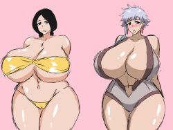 2girls alternate_breast_size bangs bare_shoulders big_breasts bikini black_hair bleach blush braid braided_hair breasts cleavage clothing collarbone curvy duo earrings embarrassed female female_focus female_only g-string gigantic_breasts golden_bikini grey_eyes highres hips huge_breasts human jewelry kotetsu_isane large_breasts lips medium_hair micro_bikini milf momiji_(artist) navel one-piece_swimsuit parted_bangs parted_lips pink_background revealing_clothes scar shiny_skin short_hair silver_hair simple_background skimpy smile strapless swimsuit teacher_and_student teeth thick_thighs thighs thong underboob unohana_retsu venus_body voluptuous wide_hips