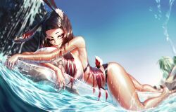 ass big_breasts bikini black_hair blue_eyes bunny_ears bunny_girl earrings floaty kirih kirih_(sword_scream) kirih_shiraishi latex o-ring_bikini pool red_hair tail three_tone_fur transparent two_tone_hair wet xraydreads_(artist)