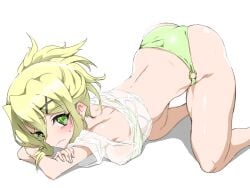 akatsuki_kirika all_fours ass bikini blonde_hair blush breasts female green_bikini green_eyes hair_ornament looking_at_viewer medium_breasts o-ring o-ring_bikini ohako see-through senki_zesshou_symphogear shiny shiny_hair shiny_skin shirt short_hair simple_background swimsuit top-down_bottom-up wet wet_clothes wet_shirt white_background white_shirt x_hair_ornament