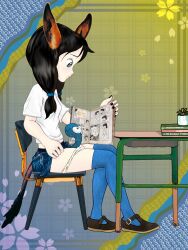 animal_ears black_hair donkey_girl long_hair panties_down reading school_uniform sitting_on_chair stockings