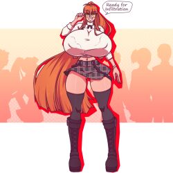 1girls 2022 big_breasts boots breasts breasts_bigger_than_head color female female_only glasses huge_breasts hyper_breasts l long_hair n647 nipple_bulge orange_hair persona persona_5 sakura_futaba school_uniform smile solo speech_bubble text thighhighs thin_waist voluptuous wide_hips yellow_eyes